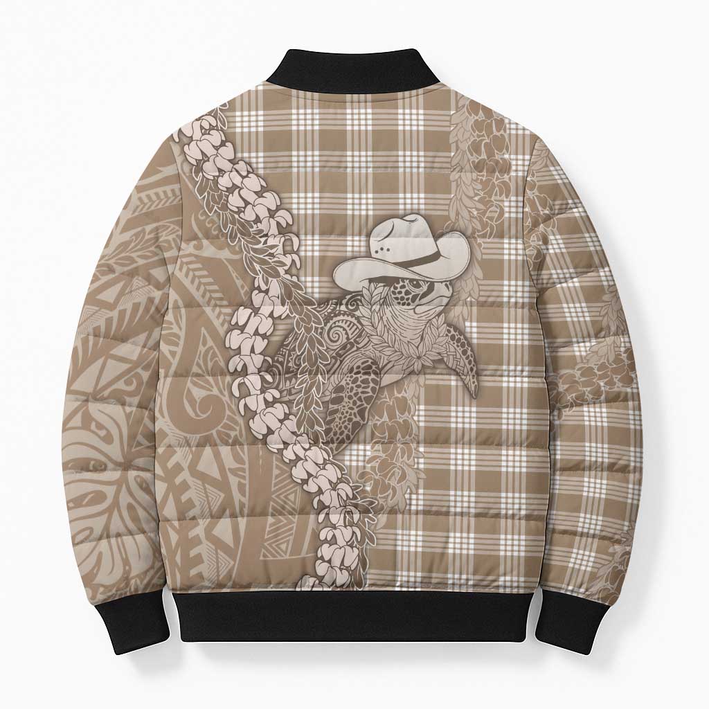 Beige Hawaii Palaka Cowboy Turtle Bomber Puffer Jacket Hawaiian Paniolo Puakenikeni Maile Lei - Polynesian Pride
