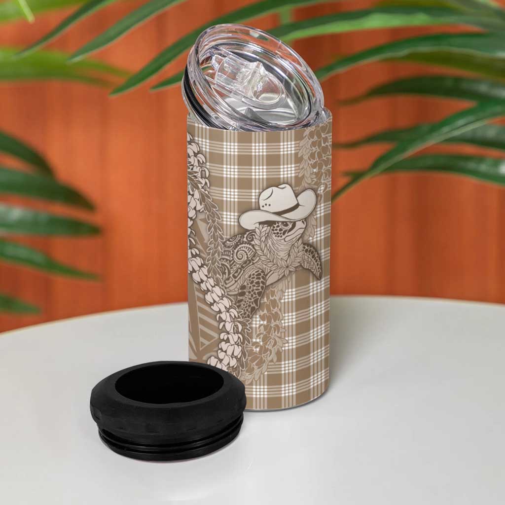 Beige Hawaii Palaka Cowboy Turtle 4 in 1 Can Cooler Tumbler Hawaiian Paniolo Puakenikeni Maile Lei DT05 - Polynesian Pride