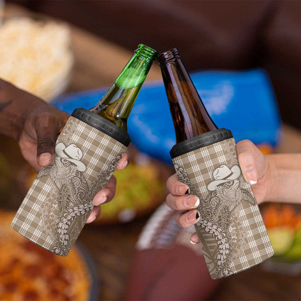 Beige Hawaii Palaka Cowboy Turtle 4 in 1 Can Cooler Tumbler Hawaiian Paniolo Puakenikeni Maile Lei DT05 - Polynesian Pride