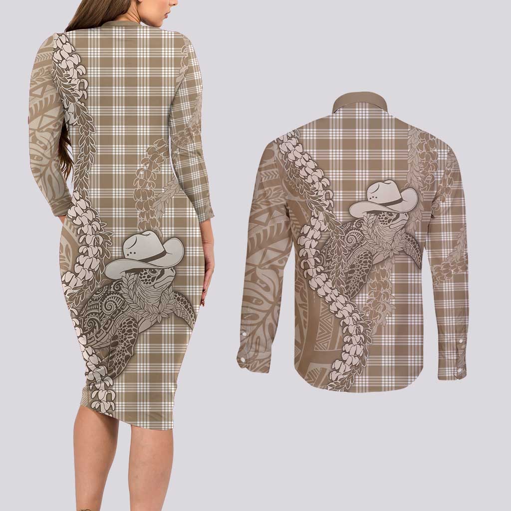 Beige Hawaii Palaka Cowboy Turtle Couples Matching Long Sleeve Bodycon Dress and Long Sleeve Button Shirt Hawaiian Paniolo Puakenikeni Maile Lei DT05 - Polynesian Pride