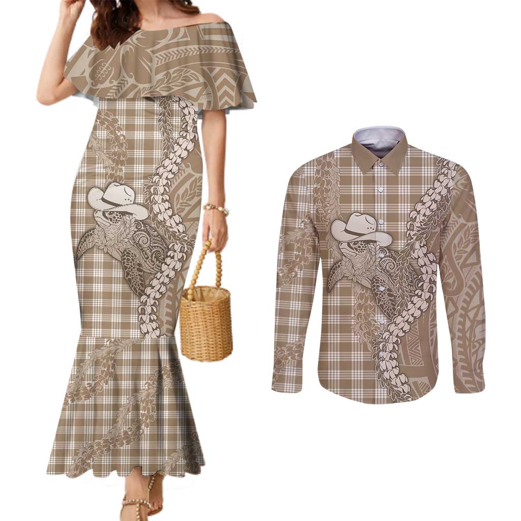 Beige Hawaii Palaka Cowboy Turtle Couples Matching Mermaid Dress and Long Sleeve Button Shirt Hawaiian Paniolo Puakenikeni Maile Lei - Polynesian Pride