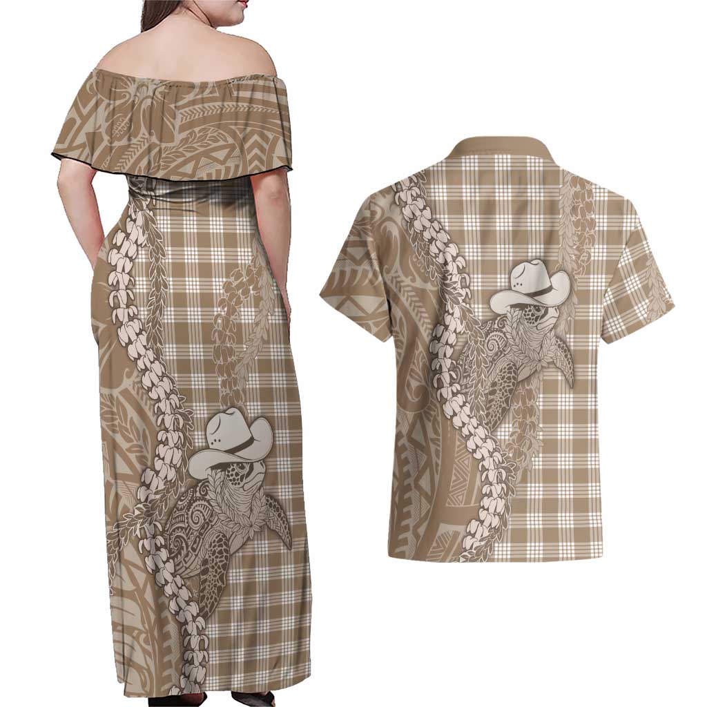Beige Hawaii Palaka Cowboy Turtle Couples Matching Off Shoulder Maxi Dress and Hawaiian Shirt Hawaiian Paniolo Puakenikeni Maile Lei DT05 - Polynesian Pride
