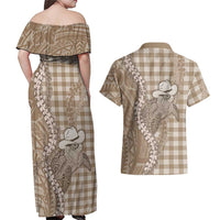 Beige Hawaii Palaka Cowboy Turtle Couples Matching Off Shoulder Maxi Dress and Hawaiian Shirt Hawaiian Paniolo Puakenikeni Maile Lei DT05 - Polynesian Pride