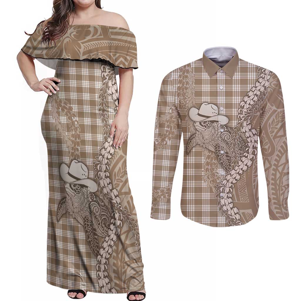 Beige Hawaii Palaka Cowboy Turtle Couples Matching Off Shoulder Maxi Dress and Long Sleeve Button Shirt Hawaiian Paniolo Puakenikeni Maile Lei DT05 Beige - Polynesian Pride