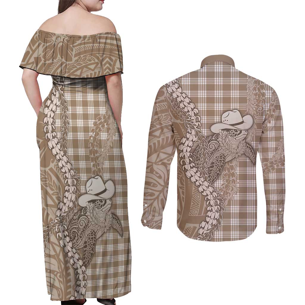 Beige Hawaii Palaka Cowboy Turtle Couples Matching Off Shoulder Maxi Dress and Long Sleeve Button Shirt Hawaiian Paniolo Puakenikeni Maile Lei DT05 - Polynesian Pride