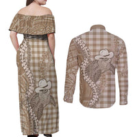 Beige Hawaii Palaka Cowboy Turtle Couples Matching Off Shoulder Maxi Dress and Long Sleeve Button Shirt Hawaiian Paniolo Puakenikeni Maile Lei DT05 - Polynesian Pride