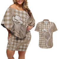 Beige Hawaii Palaka Cowboy Turtle Couples Matching Off Shoulder Short Dress and Hawaiian Shirt Hawaiian Paniolo Puakenikeni Maile Lei DT05 Beige - Polynesian Pride