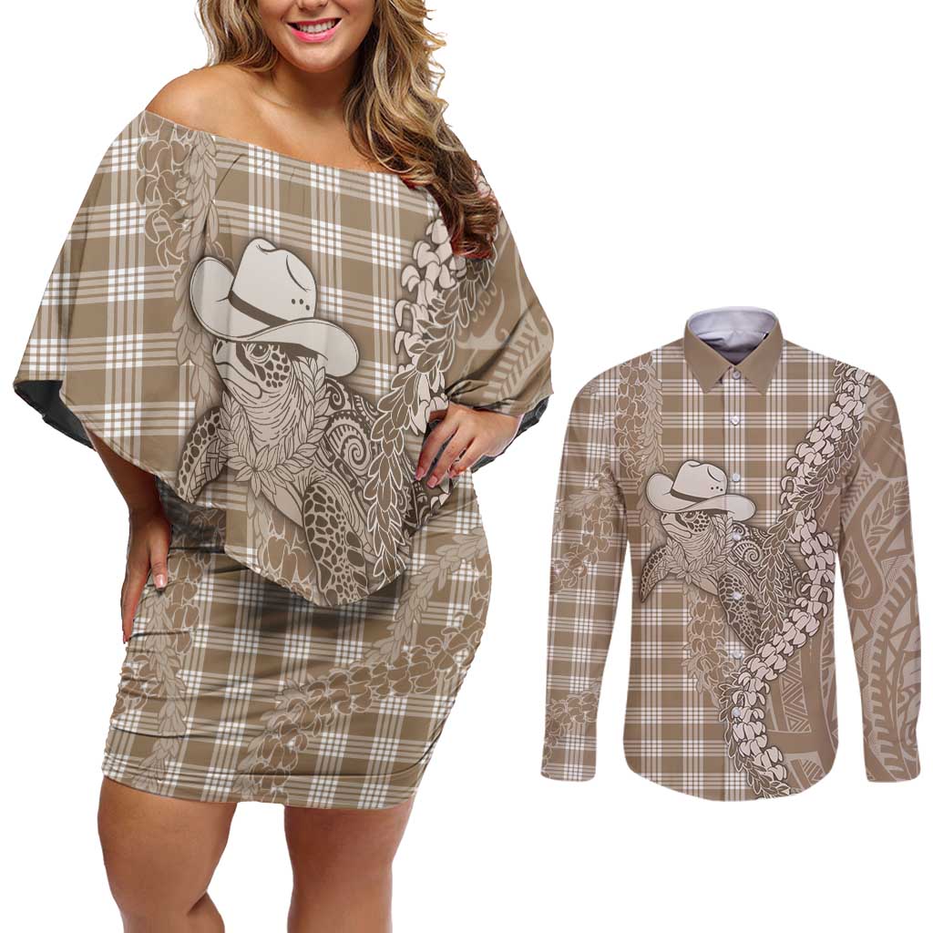Beige Hawaii Palaka Cowboy Turtle Couples Matching Off Shoulder Short Dress and Long Sleeve Button Shirt Hawaiian Paniolo Puakenikeni Maile Lei DT05 Beige - Polynesian Pride