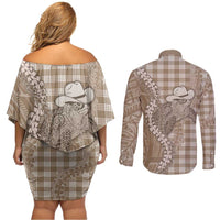 Beige Hawaii Palaka Cowboy Turtle Couples Matching Off Shoulder Short Dress and Long Sleeve Button Shirt Hawaiian Paniolo Puakenikeni Maile Lei DT05 - Polynesian Pride