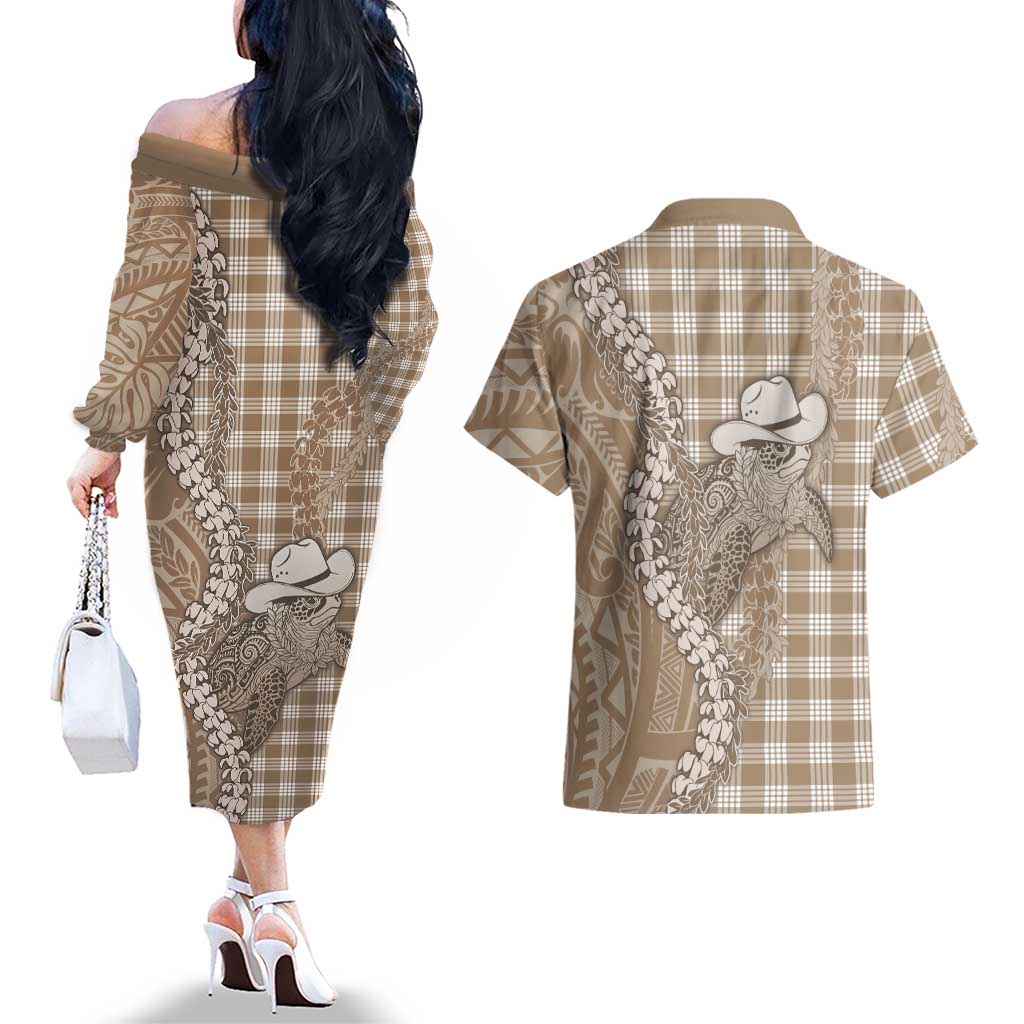 Beige Hawaii Palaka Cowboy Turtle Couples Matching Off The Shoulder Long Sleeve Dress and Hawaiian Shirt Hawaiian Paniolo Puakenikeni Maile Lei DT05 - Polynesian Pride