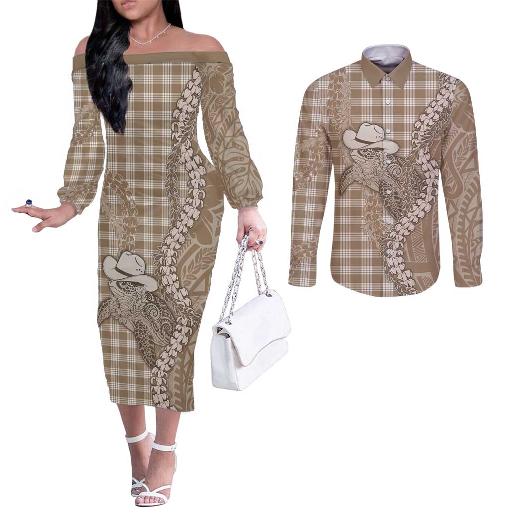 Beige Hawaii Palaka Cowboy Turtle Couples Matching Off The Shoulder Long Sleeve Dress and Long Sleeve Button Shirt Hawaiian Paniolo Puakenikeni Maile Lei DT05 Beige - Polynesian Pride
