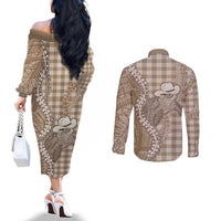 Beige Hawaii Palaka Cowboy Turtle Couples Matching Off The Shoulder Long Sleeve Dress and Long Sleeve Button Shirt Hawaiian Paniolo Puakenikeni Maile Lei DT05 - Polynesian Pride