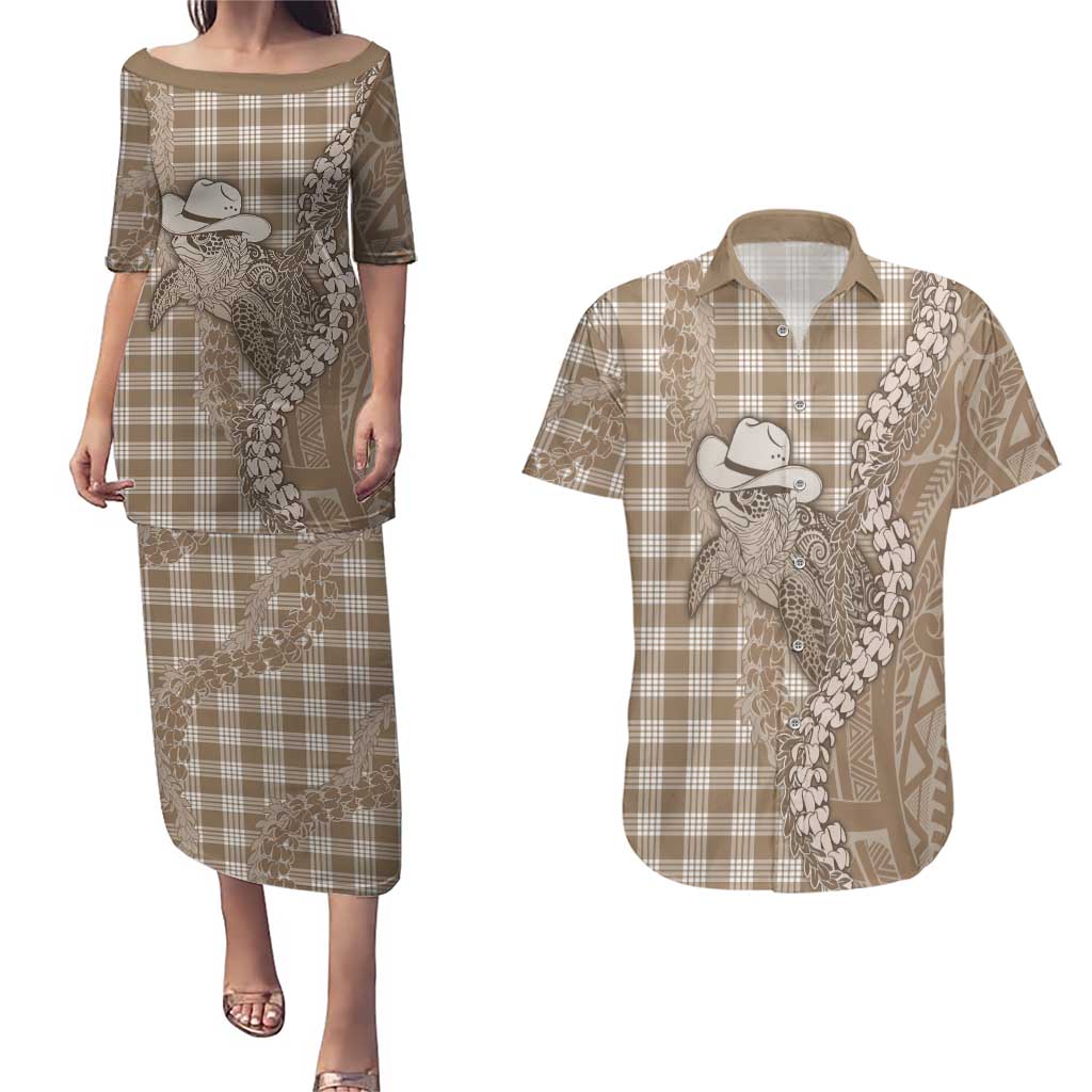 Beige Hawaii Palaka Cowboy Turtle Couples Matching Puletasi and Hawaiian Shirt Hawaiian Paniolo Puakenikeni Maile Lei DT05 Beige - Polynesian Pride