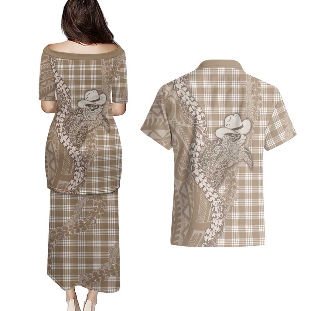 Beige Hawaii Palaka Cowboy Turtle Couples Matching Puletasi and Hawaiian Shirt Hawaiian Paniolo Puakenikeni Maile Lei DT05 - Polynesian Pride