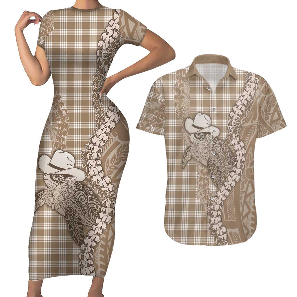 Beige Hawaii Palaka Cowboy Turtle Couples Matching Short Sleeve Bodycon Dress and Hawaiian Shirt Hawaiian Paniolo Puakenikeni Maile Lei DT05 Beige - Polynesian Pride