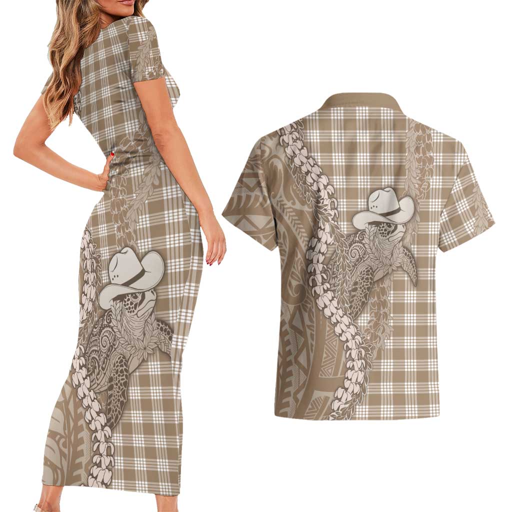 Beige Hawaii Palaka Cowboy Turtle Couples Matching Short Sleeve Bodycon Dress and Hawaiian Shirt Hawaiian Paniolo Puakenikeni Maile Lei DT05 - Polynesian Pride