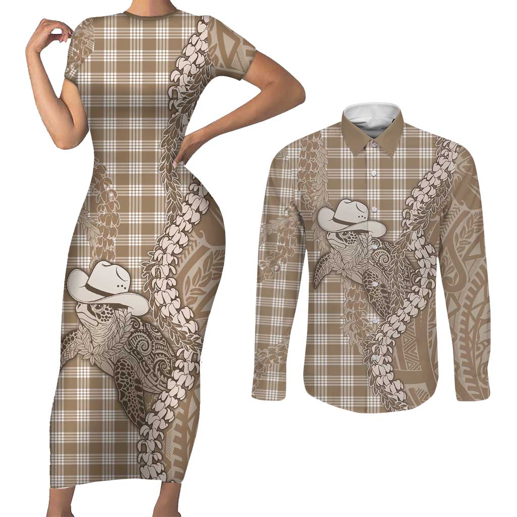 Beige Hawaii Palaka Cowboy Turtle Couples Matching Short Sleeve Bodycon Dress and Long Sleeve Button Shirt Hawaiian Paniolo Puakenikeni Maile Lei - Polynesian Pride