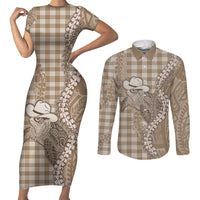 Beige Hawaii Palaka Cowboy Turtle Couples Matching Short Sleeve Bodycon Dress and Long Sleeve Button Shirt Hawaiian Paniolo Puakenikeni Maile Lei DT05 Beige - Polynesian Pride