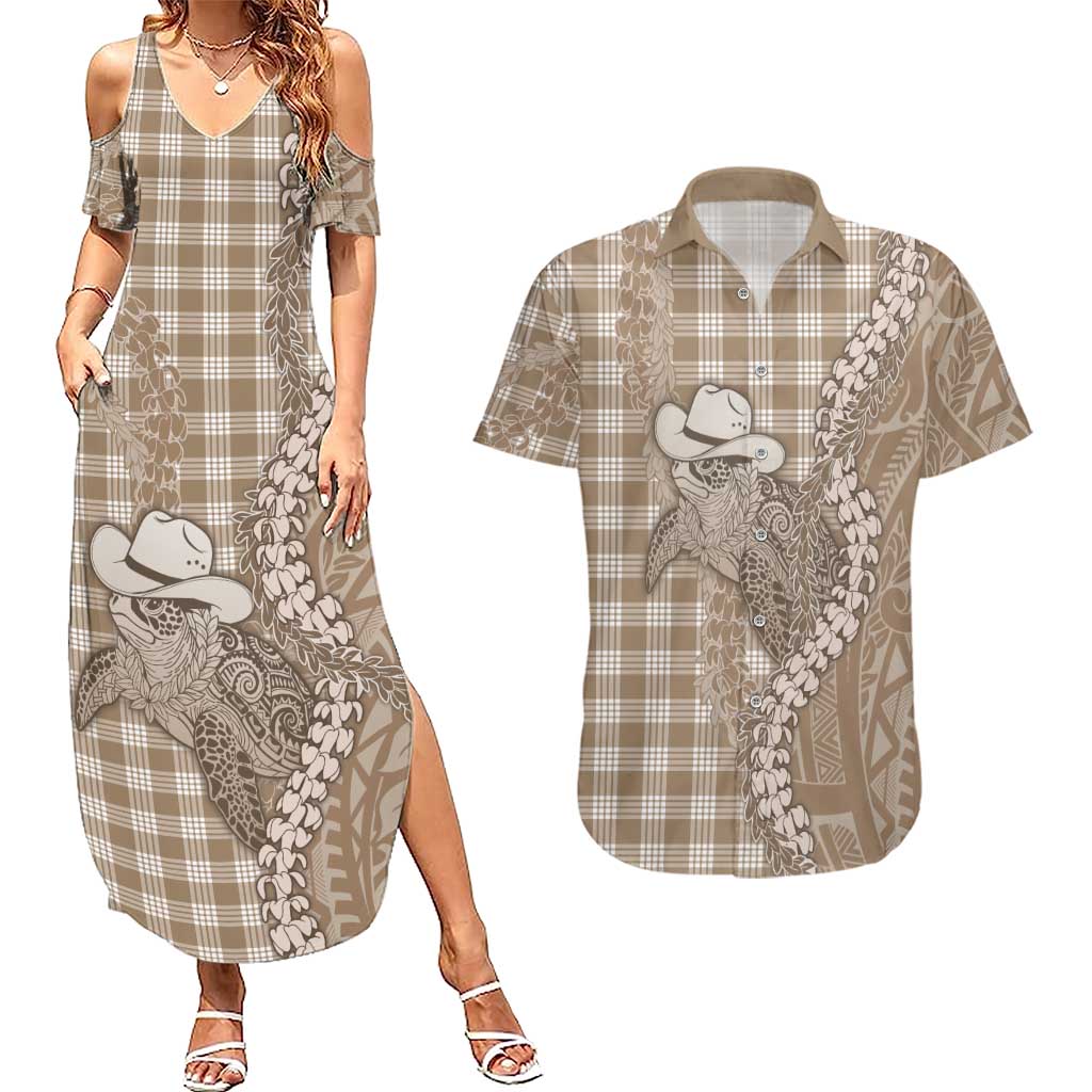 Beige Hawaii Palaka Cowboy Turtle Couples Matching Summer Maxi Dress and Hawaiian Shirt Hawaiian Paniolo Puakenikeni Maile Lei - Polynesian Pride