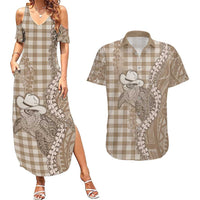 Beige Hawaii Palaka Cowboy Turtle Couples Matching Summer Maxi Dress and Hawaiian Shirt Hawaiian Paniolo Puakenikeni Maile Lei DT05 Beige - Polynesian Pride