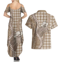 Beige Hawaii Palaka Cowboy Turtle Couples Matching Summer Maxi Dress and Hawaiian Shirt Hawaiian Paniolo Puakenikeni Maile Lei DT05 - Polynesian Pride