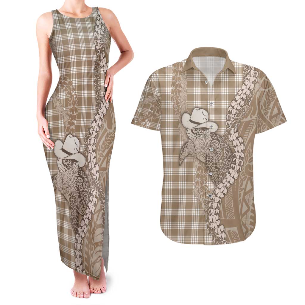 Beige Hawaii Palaka Cowboy Turtle Couples Matching Tank Maxi Dress and Hawaiian Shirt Hawaiian Paniolo Puakenikeni Maile Lei DT05 Beige - Polynesian Pride