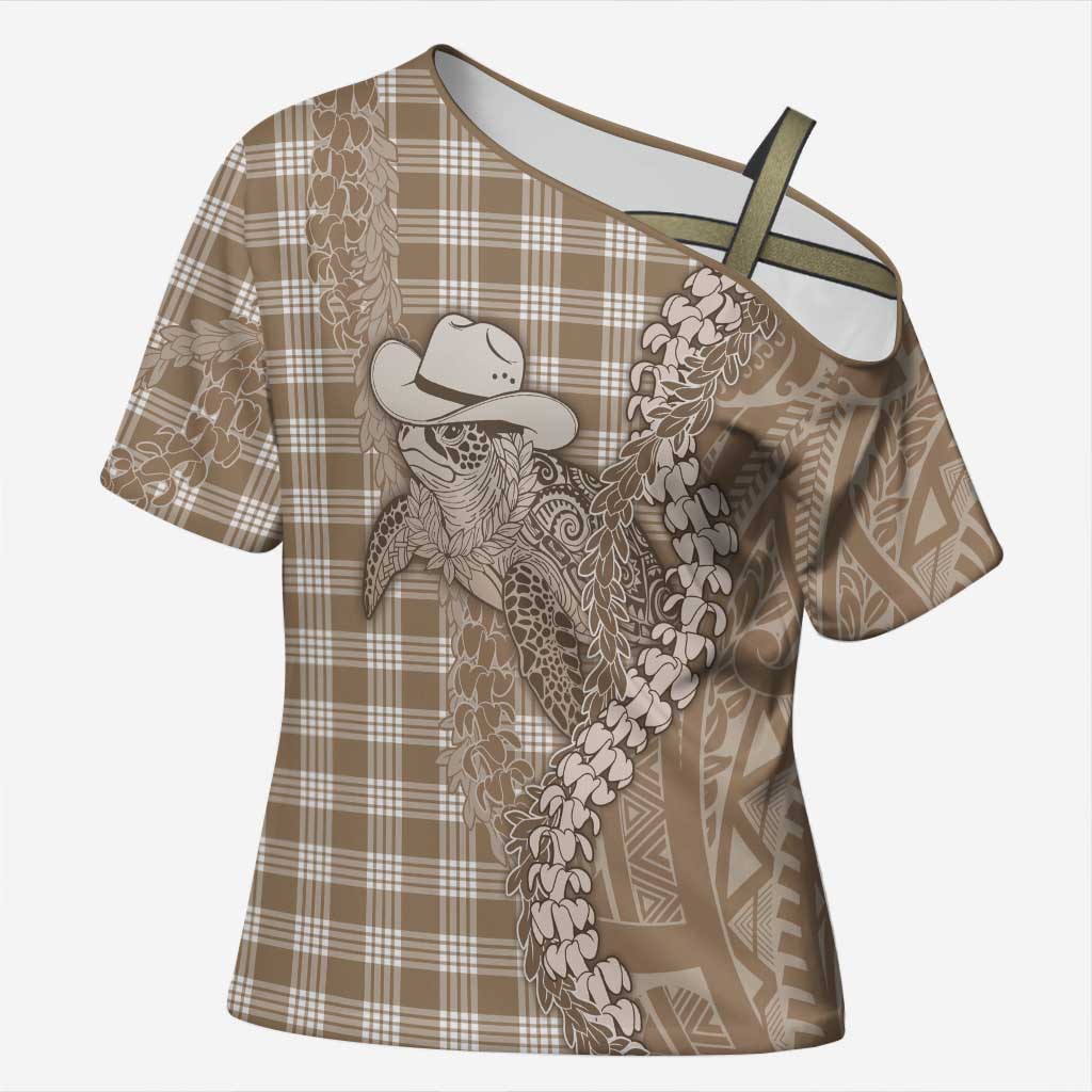 Beige Hawaii Palaka Cowboy Turtle Cross Shoulder Shirt Hawaiian Paniolo Puakenikeni Maile Lei DT05 Female Beige - Polynesian Pride