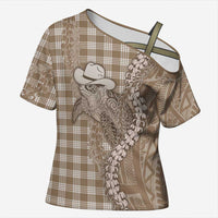Beige Hawaii Palaka Cowboy Turtle Cross Shoulder Shirt Hawaiian Paniolo Puakenikeni Maile Lei DT05 Female Beige - Polynesian Pride