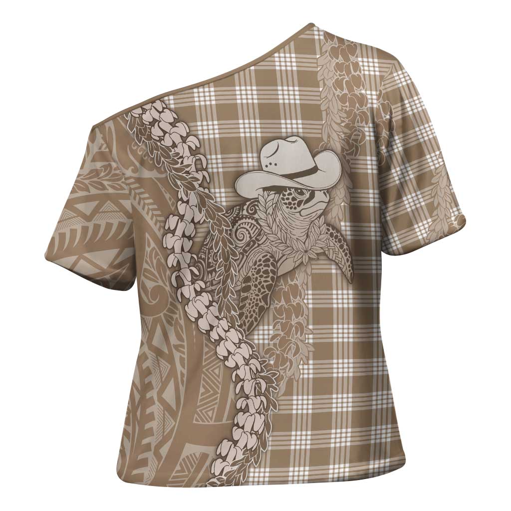 Beige Hawaii Palaka Cowboy Turtle Cross Shoulder Shirt Hawaiian Paniolo Puakenikeni Maile Lei DT05 - Polynesian Pride