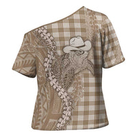 Beige Hawaii Palaka Cowboy Turtle Cross Shoulder Shirt Hawaiian Paniolo Puakenikeni Maile Lei DT05 - Polynesian Pride