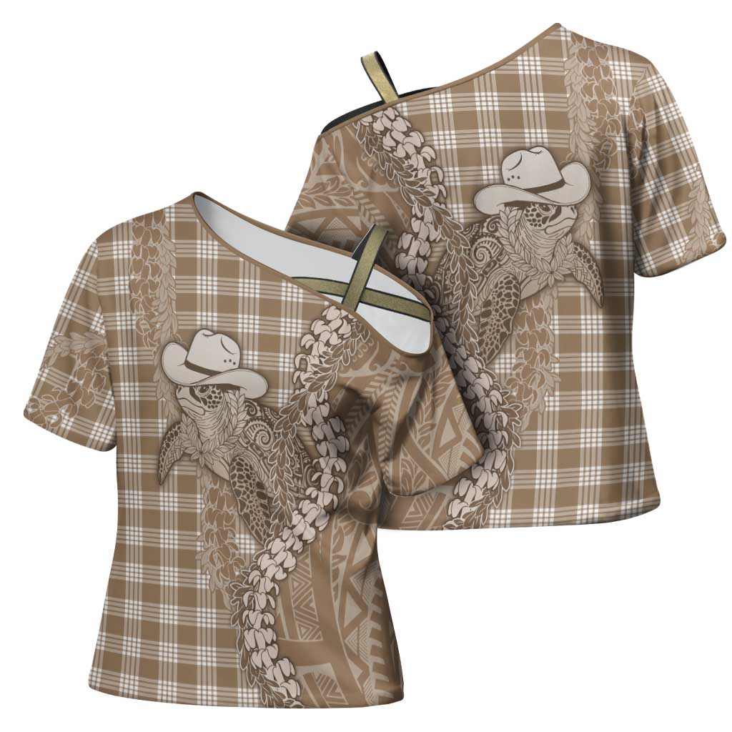Beige Hawaii Palaka Cowboy Turtle Cross Shoulder Shirt Hawaiian Paniolo Puakenikeni Maile Lei DT05 - Polynesian Pride