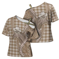 Beige Hawaii Palaka Cowboy Turtle Cross Shoulder Shirt Hawaiian Paniolo Puakenikeni Maile Lei DT05 - Polynesian Pride