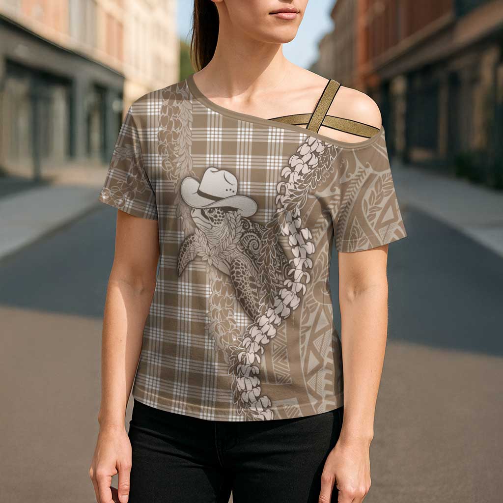 Beige Hawaii Palaka Cowboy Turtle Cross Shoulder Shirt Hawaiian Paniolo Puakenikeni Maile Lei DT05 - Polynesian Pride