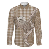 Beige Hawaii Palaka Cowboy Turtle Family Matching Mermaid Dress and Hawaiian Shirt Hawaiian Paniolo Puakenikeni Maile Lei DT05 Dad's Shirt - Long Sleeve Beige - Polynesian Pride
