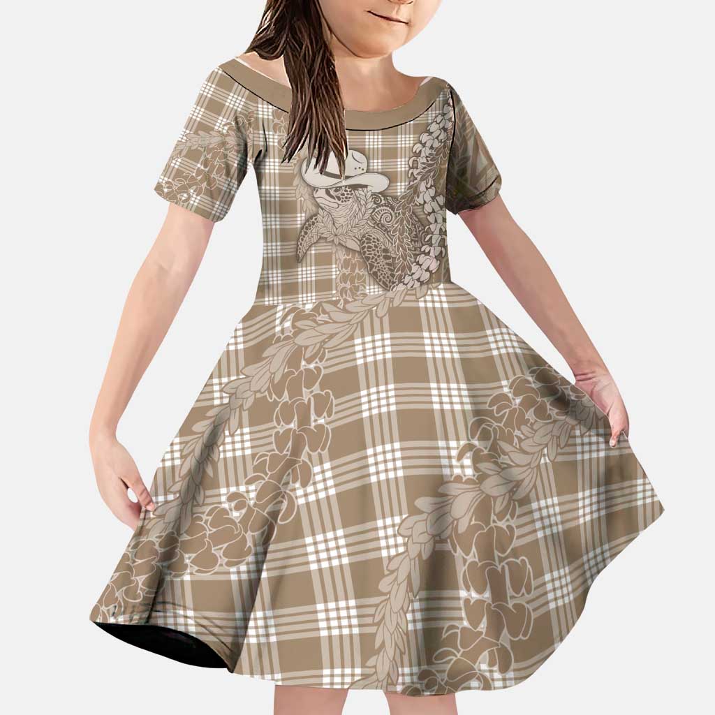 Beige Hawaii Palaka Cowboy Turtle Family Matching Off The Shoulder Long Sleeve Dress and Hawaiian Shirt Hawaiian Paniolo Puakenikeni Maile Lei DT05 Daughter's Dress Beige - Polynesian Pride
