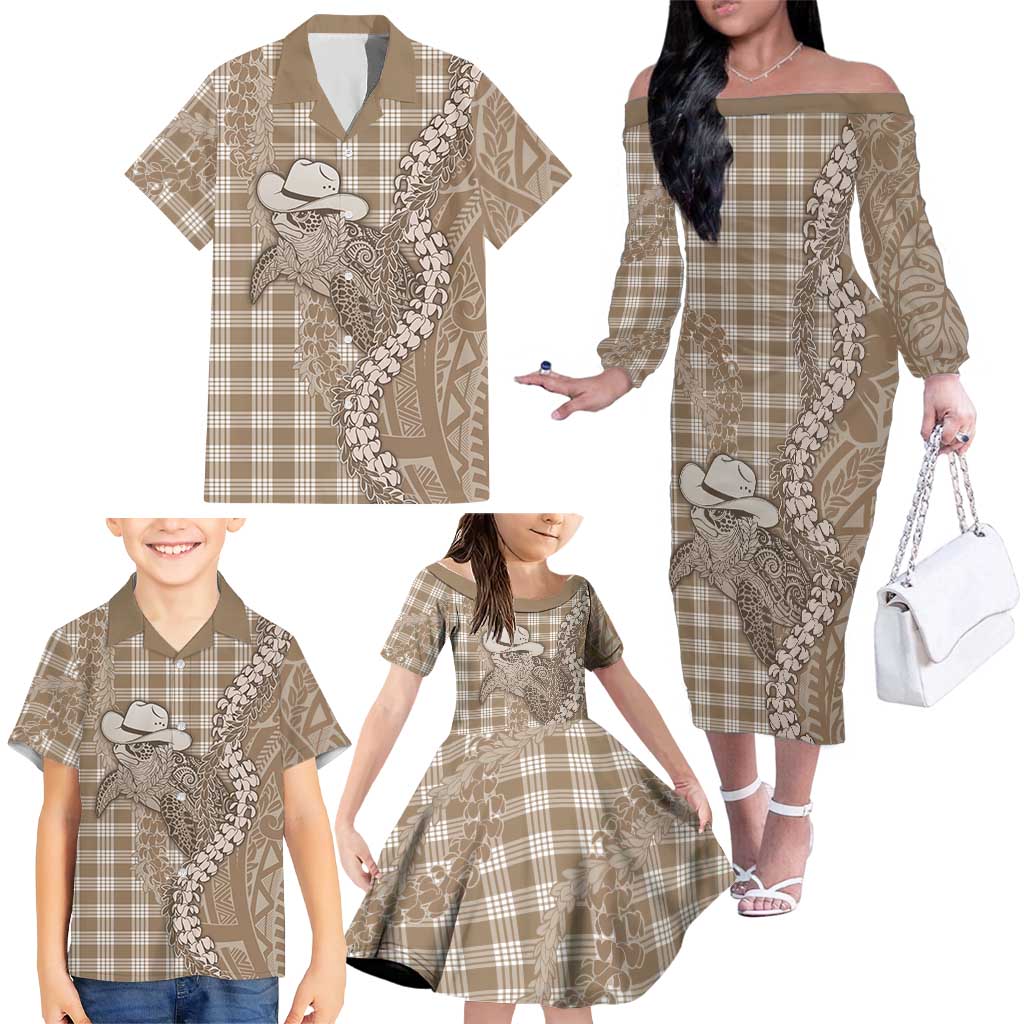 Beige Hawaii Palaka Cowboy Turtle Family Matching Off The Shoulder Long Sleeve Dress and Hawaiian Shirt Hawaiian Paniolo Puakenikeni Maile Lei DT05 - Polynesian Pride
