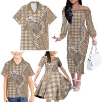 Beige Hawaii Palaka Cowboy Turtle Family Matching Off The Shoulder Long Sleeve Dress and Hawaiian Shirt Hawaiian Paniolo Puakenikeni Maile Lei DT05 - Polynesian Pride