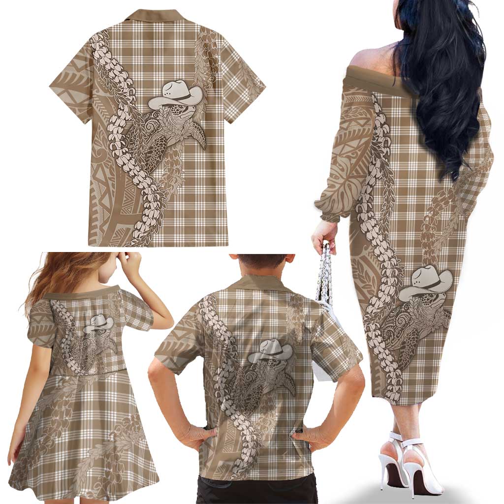 Beige Hawaii Palaka Cowboy Turtle Family Matching Off The Shoulder Long Sleeve Dress and Hawaiian Shirt Hawaiian Paniolo Puakenikeni Maile Lei DT05 - Polynesian Pride
