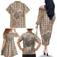 Beige Hawaii Palaka Cowboy Turtle Family Matching Off The Shoulder Long Sleeve Dress and Hawaiian Shirt Hawaiian Paniolo Puakenikeni Maile Lei DT05 - Polynesian Pride