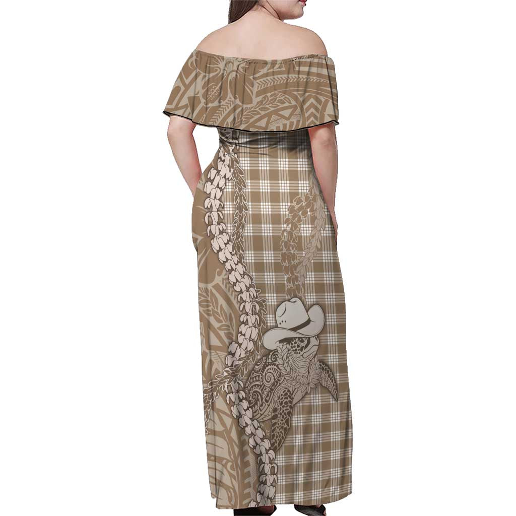 Beige Hawaii Palaka Cowboy Turtle Family Matching Off Shoulder Maxi Dress and Hawaiian Shirt Hawaiian Paniolo Puakenikeni Maile Lei DT05 - Polynesian Pride