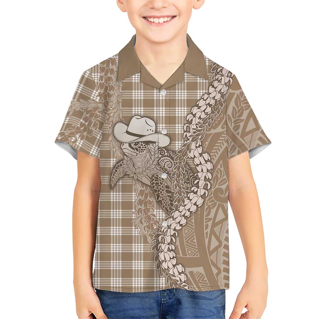 Beige Hawaii Palaka Cowboy Turtle Family Matching Off Shoulder Short Dress and Hawaiian Shirt Hawaiian Paniolo Puakenikeni Maile Lei DT05 Son's Shirt Beige - Polynesian Pride