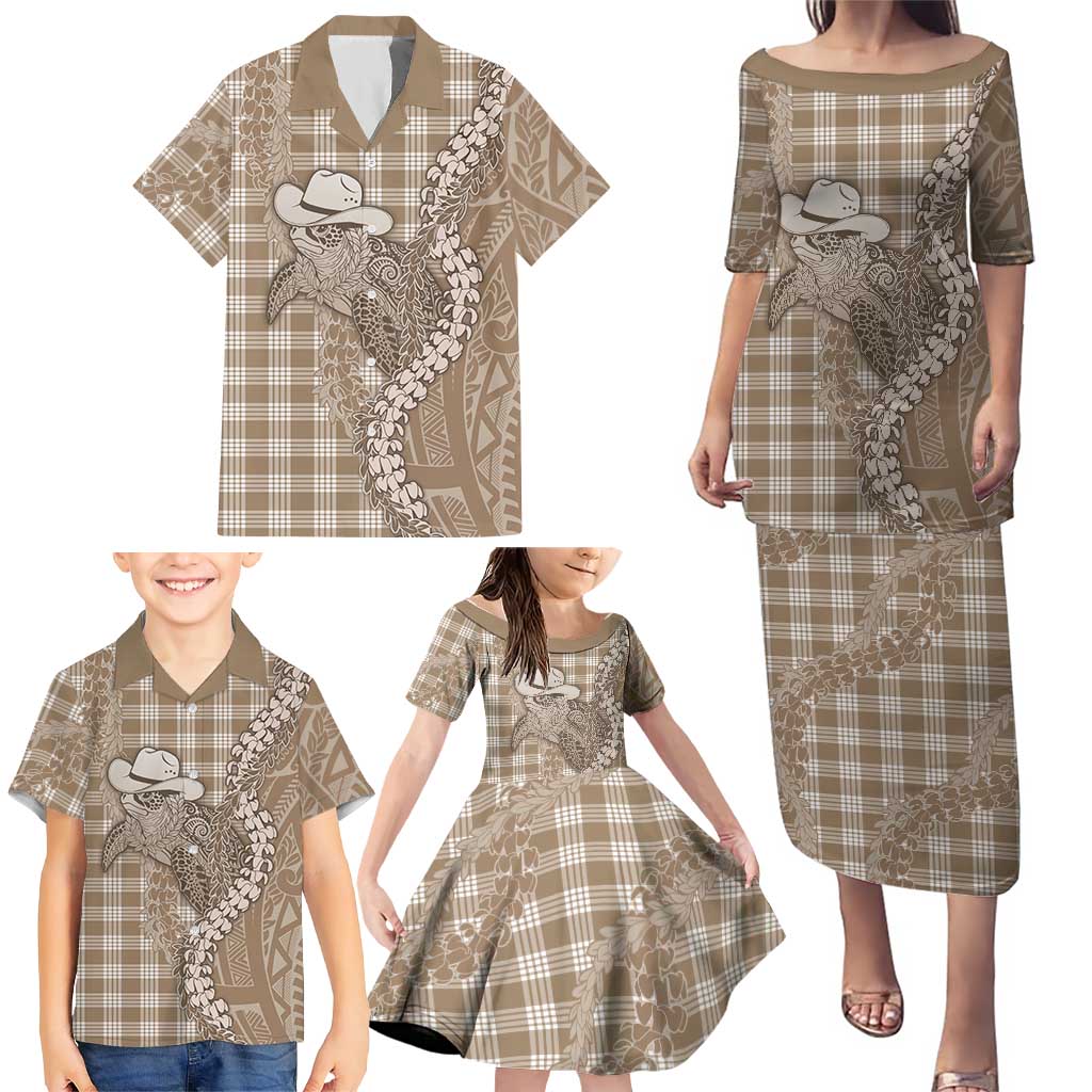 Beige Hawaii Palaka Cowboy Turtle Family Matching Puletasi and Hawaiian Shirt Hawaiian Paniolo Puakenikeni Maile Lei DT05 - Polynesian Pride
