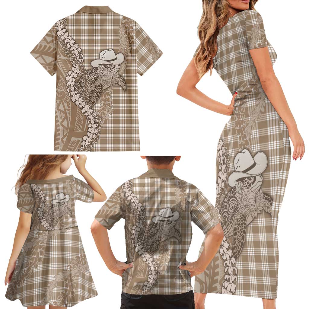 Beige Hawaii Palaka Cowboy Turtle Family Matching Short Sleeve Bodycon Dress and Hawaiian Shirt Hawaiian Paniolo Puakenikeni Maile Lei DT05 - Polynesian Pride