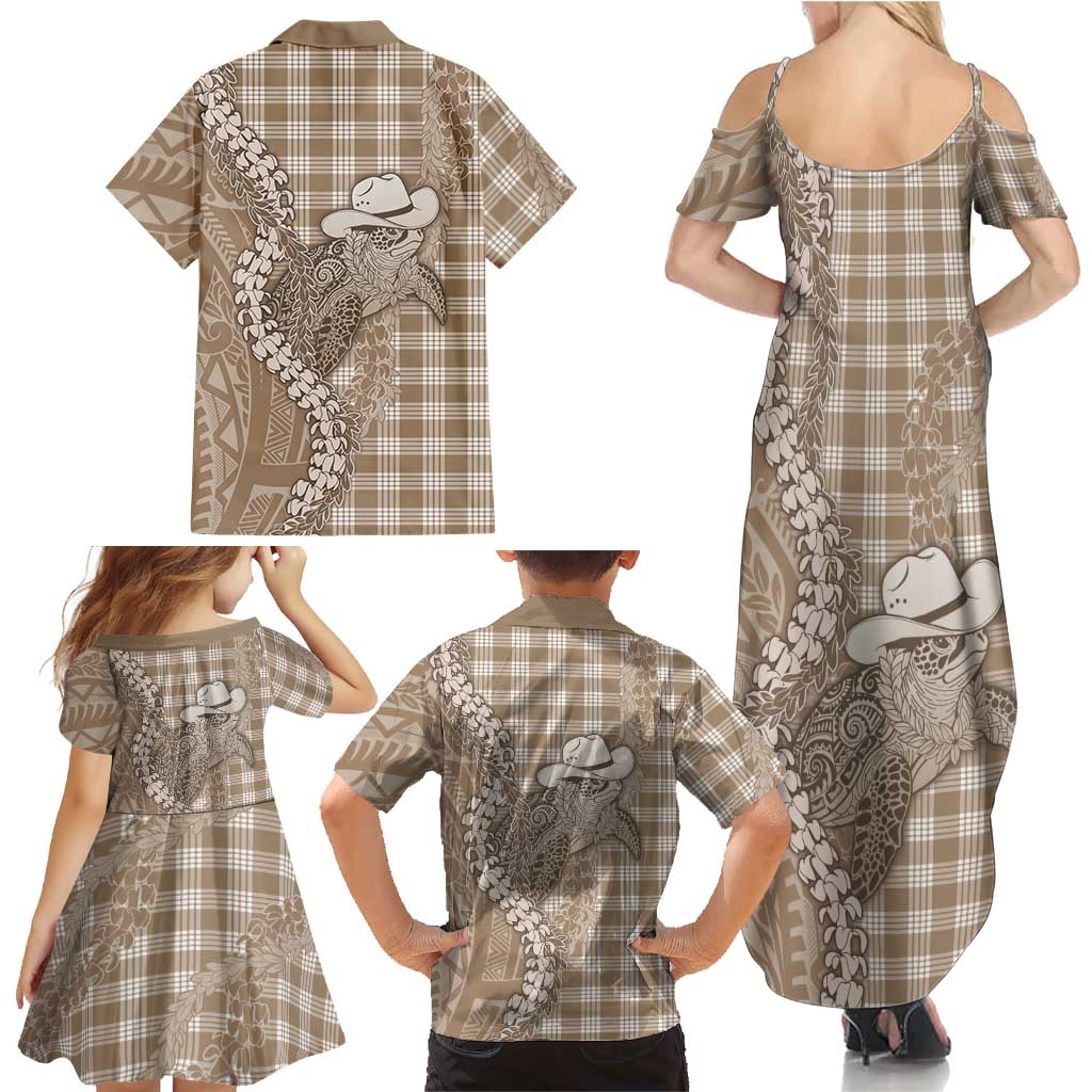 Beige Hawaii Palaka Cowboy Turtle Family Matching Summer Maxi Dress and Hawaiian Shirt Hawaiian Paniolo Puakenikeni Maile Lei DT05 - Polynesian Pride