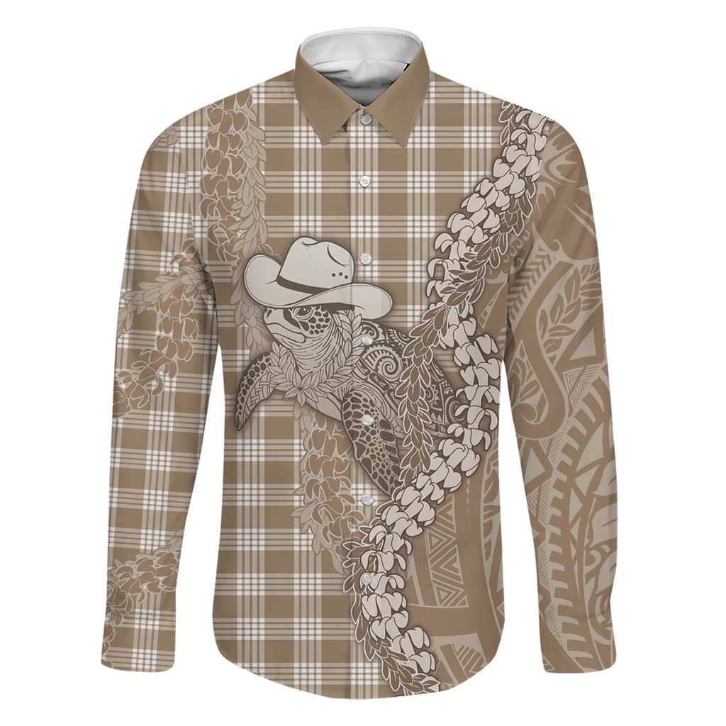 Beige Hawaii Palaka Cowboy Turtle Family Matching Summer Maxi Dress and Hawaiian Shirt Hawaiian Paniolo Puakenikeni Maile Lei DT05 Dad's Shirt - Long Sleeve Beige - Polynesian Pride