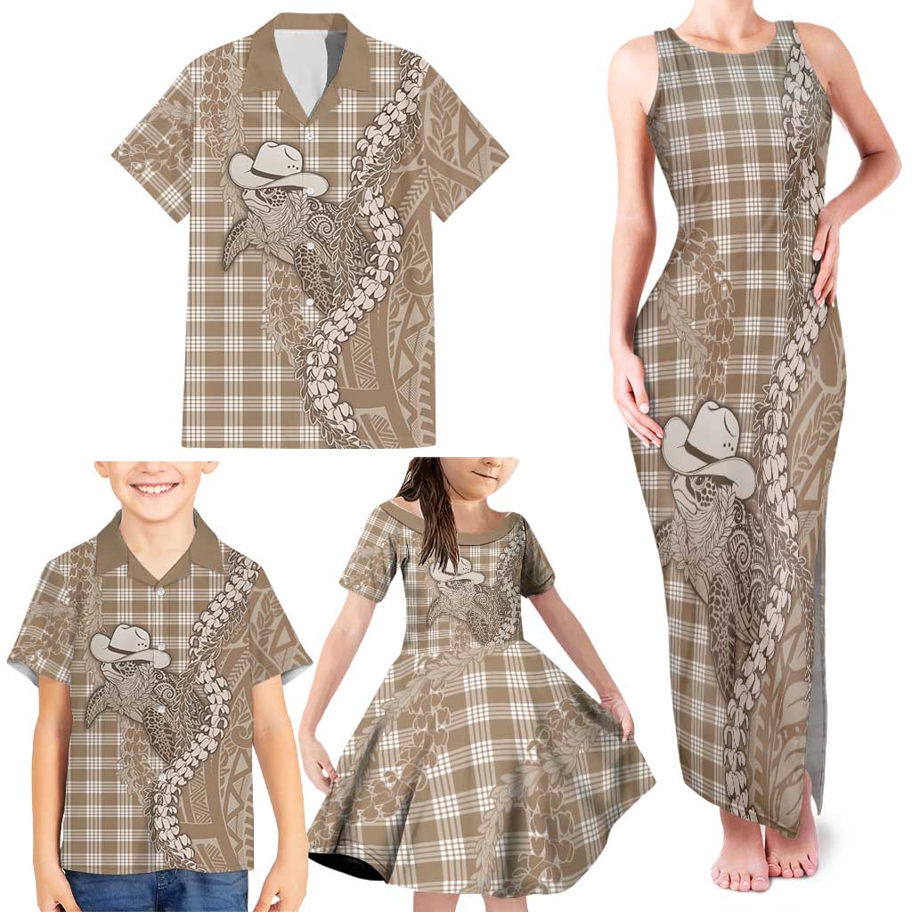 Beige Hawaii Palaka Cowboy Turtle Family Matching Tank Maxi Dress and Hawaiian Shirt Hawaiian Paniolo Puakenikeni Maile Lei - Polynesian Pride