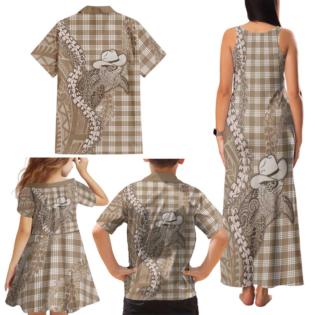 Beige Hawaii Palaka Cowboy Turtle Family Matching Tank Maxi Dress and Hawaiian Shirt Hawaiian Paniolo Puakenikeni Maile Lei DT05 - Polynesian Pride