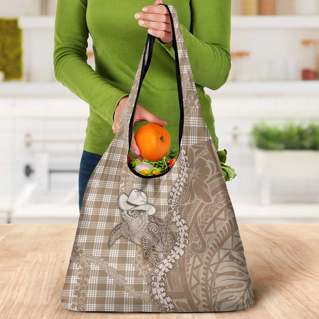 Beige Hawaii Palaka Cowboy Turtle Grocery Bag Hawaiian Paniolo Puakenikeni Maile Lei DT05 - Polynesian Pride