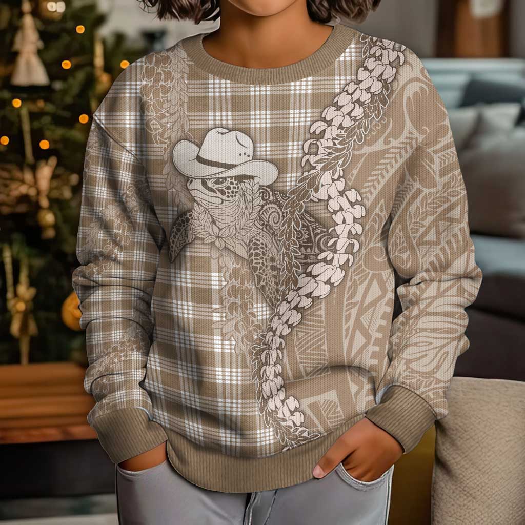 Beige Hawaii Palaka Cowboy Turtle Kid Ugly Christmas Sweater Hawaiian Paniolo Puakenikeni Maile Lei DT05 - Polynesian Pride