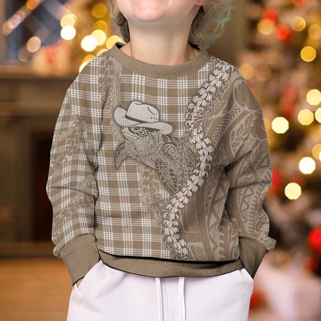 Beige Hawaii Palaka Cowboy Turtle Kid Ugly Christmas Sweater Hawaiian Paniolo Puakenikeni Maile Lei DT05 - Polynesian Pride